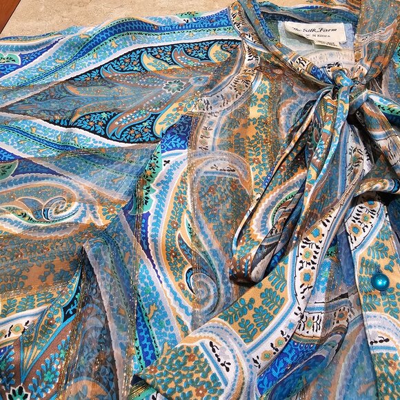 Vintage The Silk‎ Farm Paisley Silk Blouse Gold Metallic Thread Bow Size 8 - Picture 6 of 7